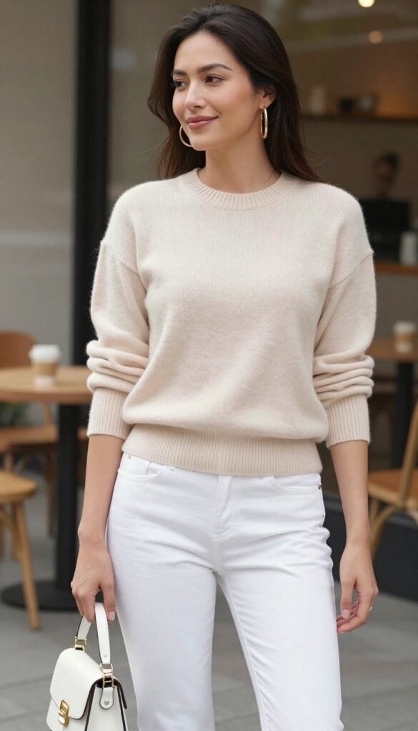 1. Blush Knit Sweater with White Denim