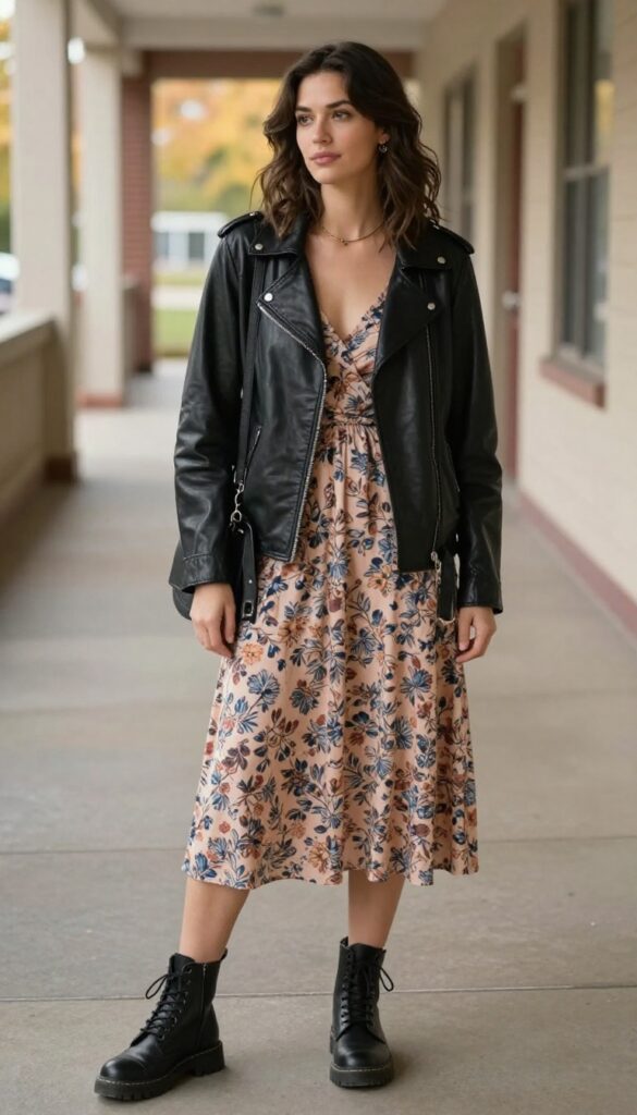 12. Leather Jacket With a Floral Midi Dress
