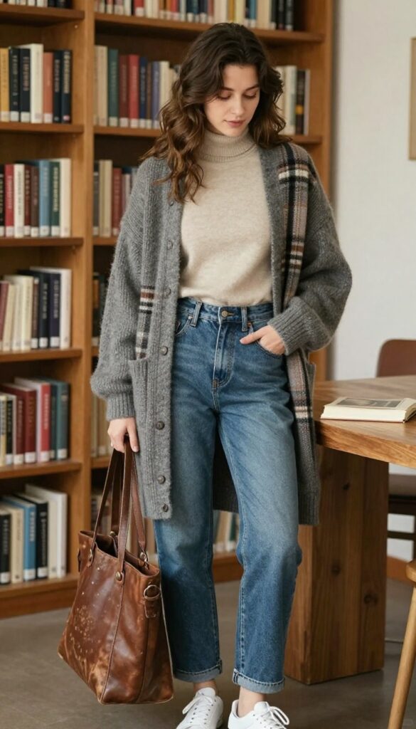 1. English Major: Cozy Layers & Vintage Touches