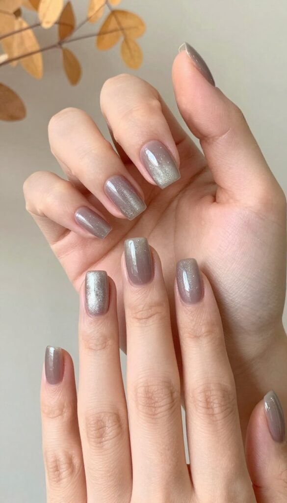Square medium nails with smoky quartz shimmer polish