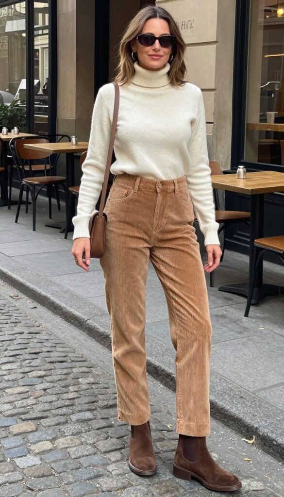 9. Corduroy Pants + Turtleneck + Chelsea Boots