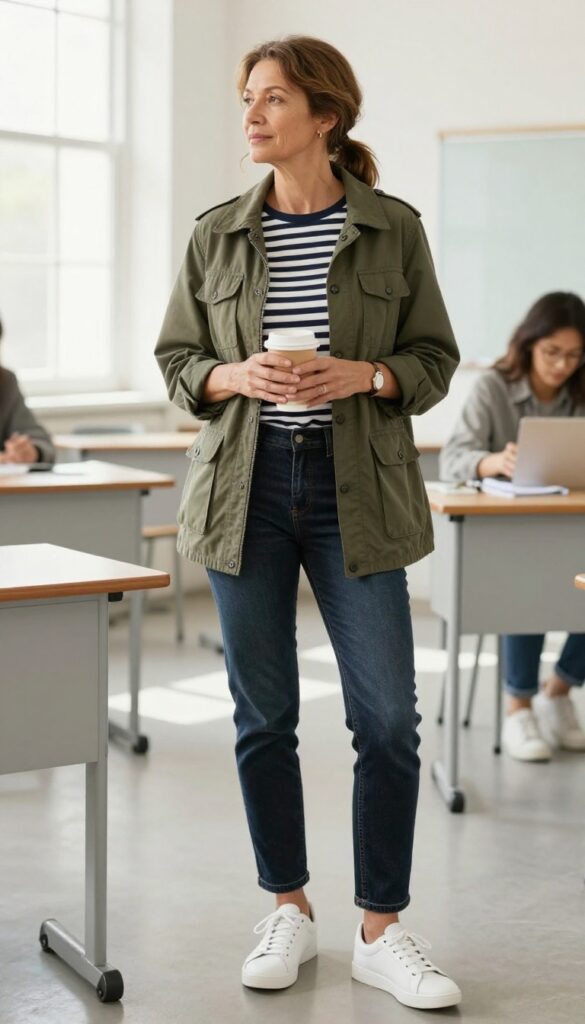 5. Utility Jacket Over a Striped Breton Top