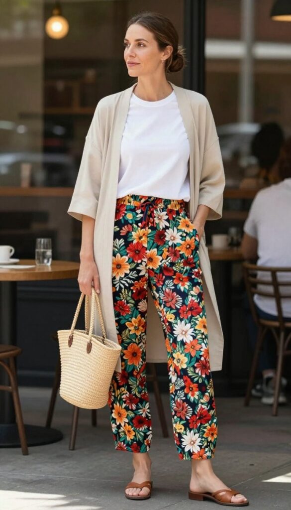 8. Palazzo Pants with a Simple Tee and Kimono