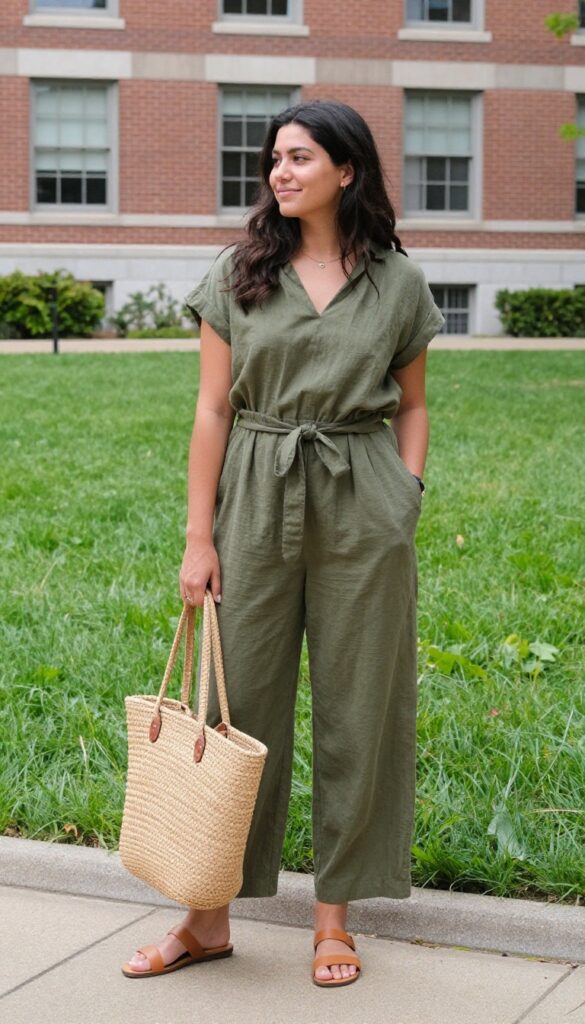 5. Jumpsuit with a Straw Bag