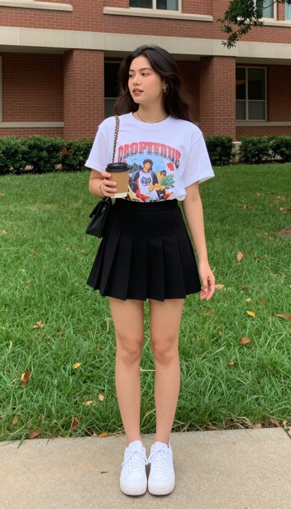 5. Graphic Tee with a Pleated Mini Skirt and Platform Sneakers