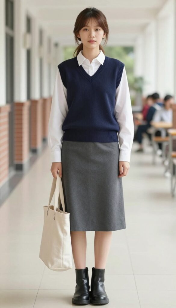 6. Button-Down + Sweater Vest + Midi Skirt