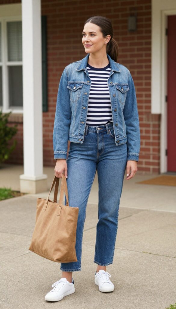 2. Denim on Repeat: Straight-Leg Jeans + Striped Tee + Denim Jacket