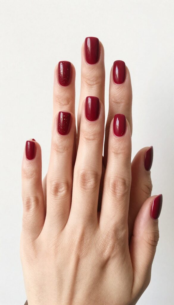 Matte merlot nails with gold speckles on short nails