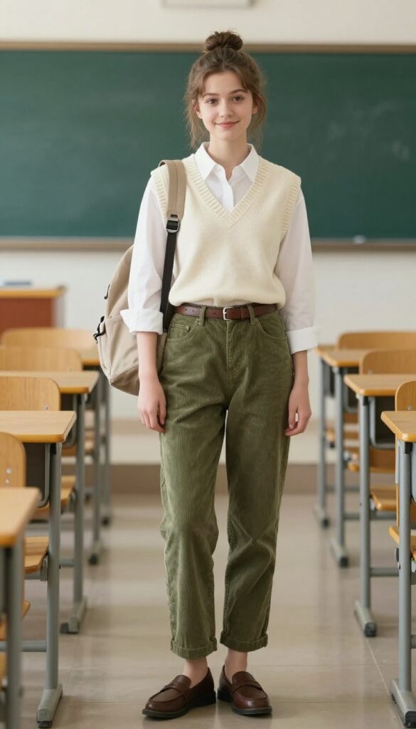 8. Knit Vest + White Button-Up + Corduroy Pants
