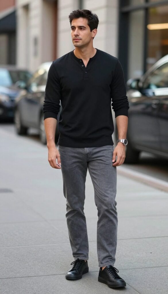 11. Black Henley with Grey Jeans