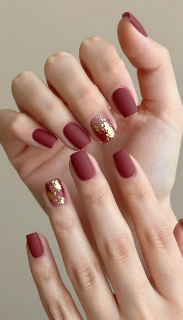 Matte merlot nails with gold foil flakes on square medium nails
