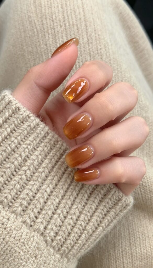 Glossy maple syrup brown almond nails on a woman's hand resting on a beige sweater