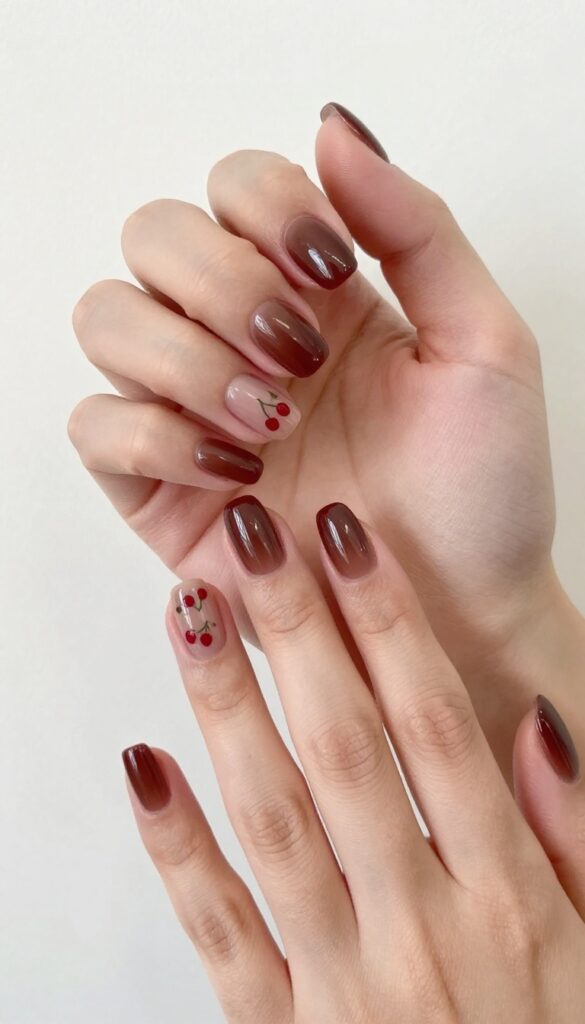 Chocolate cherry gel nails with glossy finish and cherry red gradient tips
