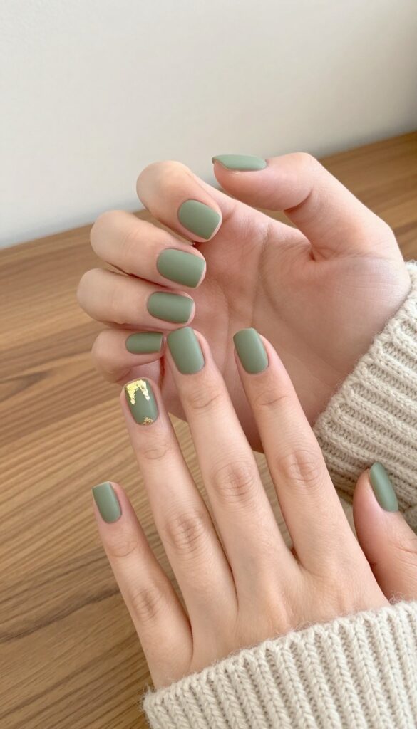 Matte olive green short square nails with gold foil accents
