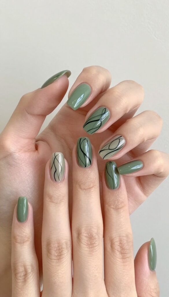 Olive green nails with abstract black swirls