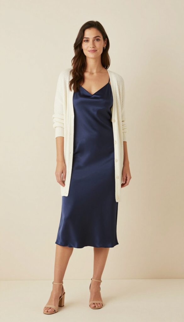 6. Navy Blue Slip Dress with a Knit Cardigan