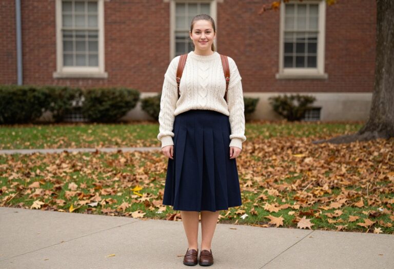 Young woman in preppy school outfit with cable-knit sweater and pleated skirt on campus