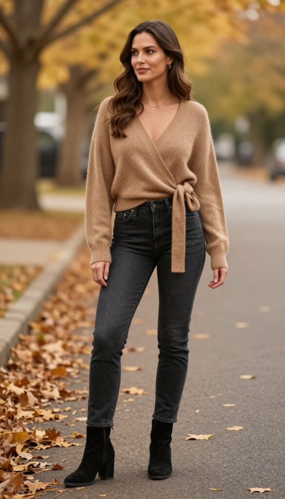 11. Wrap Sweater + Dark Wash Jeans + Heeled Booties