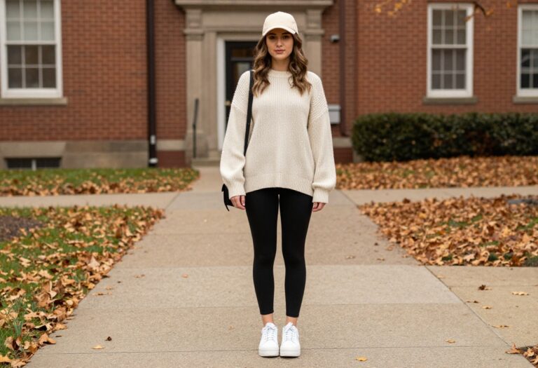 College student in oversized knit sweater, leggings, and sneakers on campus