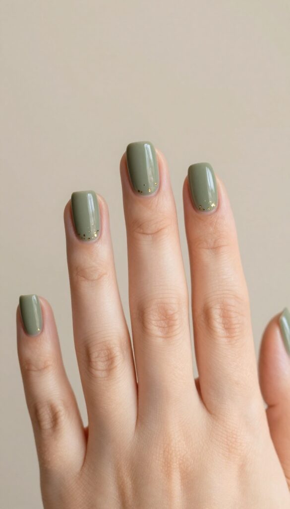 Short nails with matte olive green polish and gold speckles