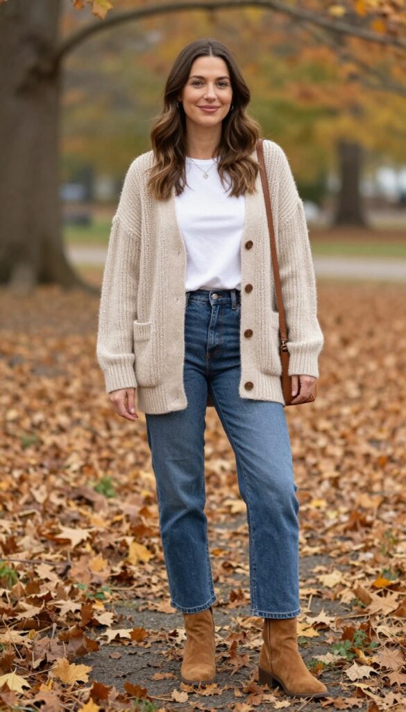 1. Chunky Knit Cardigan + Straight-Leg Jeans + Ankle Boots