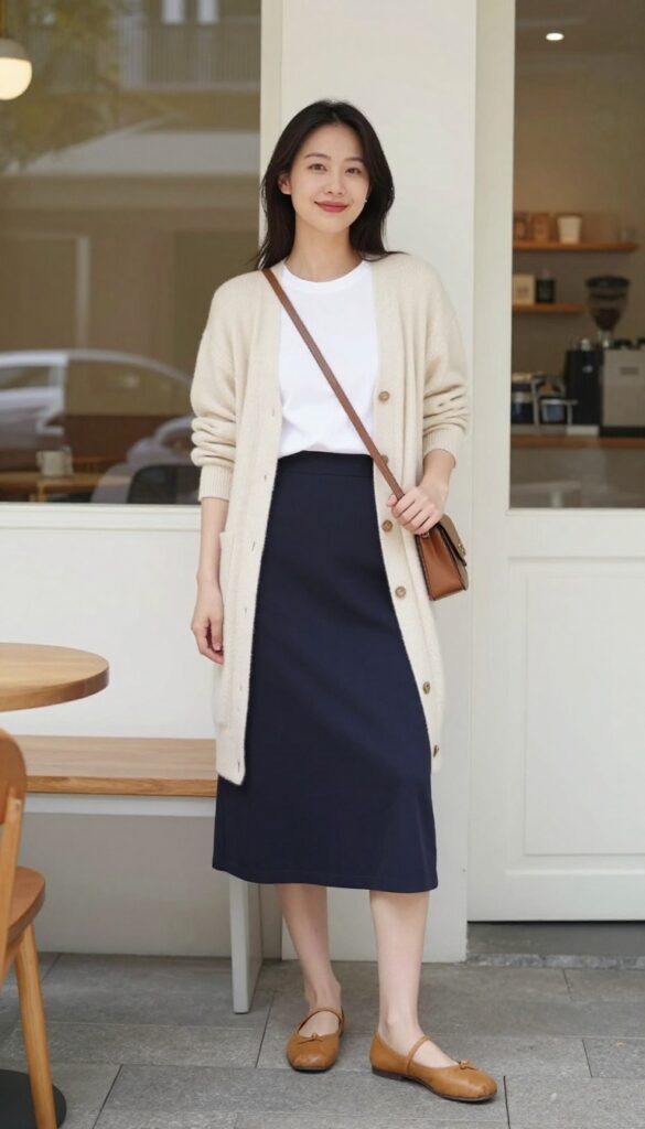 10. Cardigan, T-Shirt, and A-Line Skirt