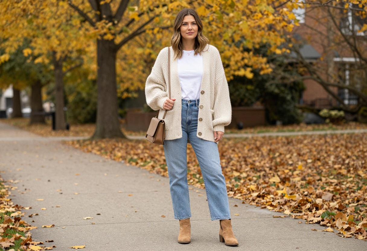 Mom wearing chunky knit cardigan with jeans and ankle boots in autumn setting