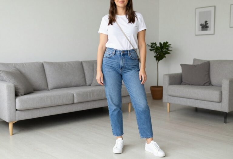 Woman in mom jeans and white tee standing in a bright living room