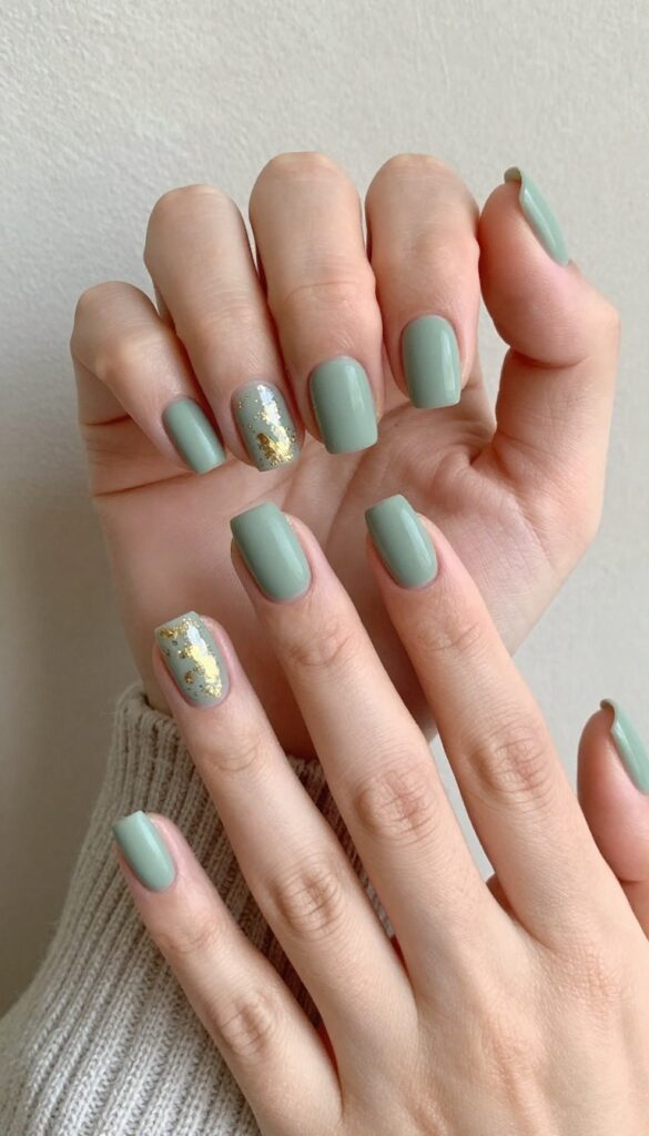 Short square sage green nails with gold foil accents