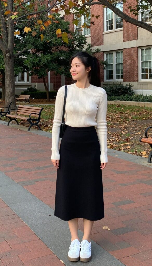 12. Ribbed Knit Top with A-Line Skirt and Sneakers