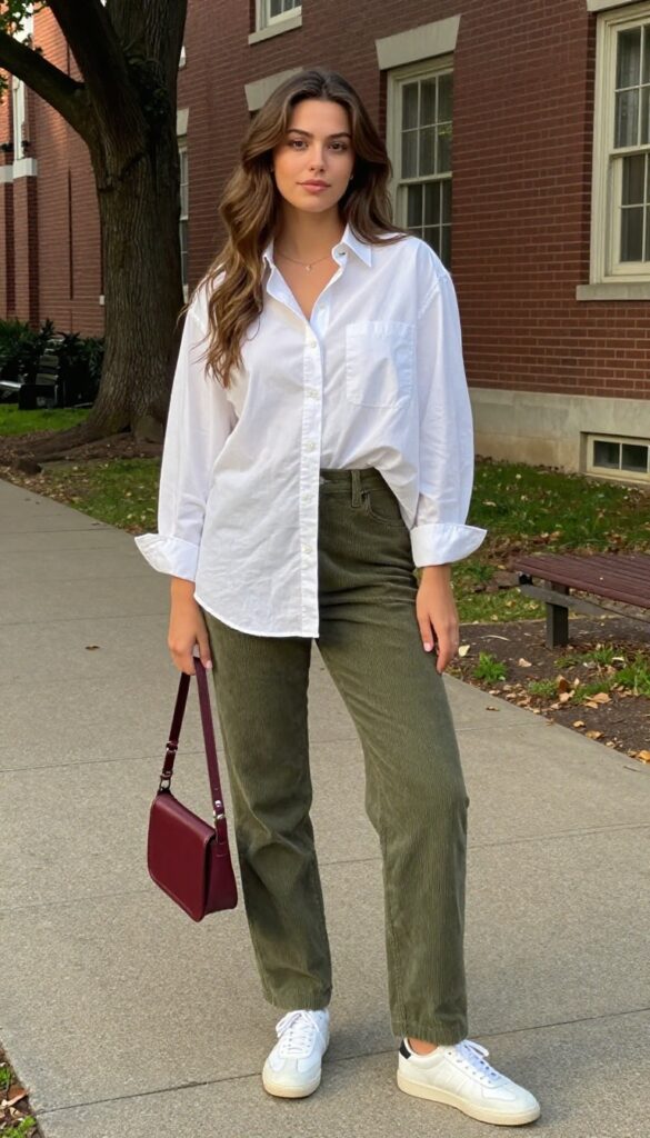 9. Button-Down Shirt + Corduroy Pants + White Sneakers