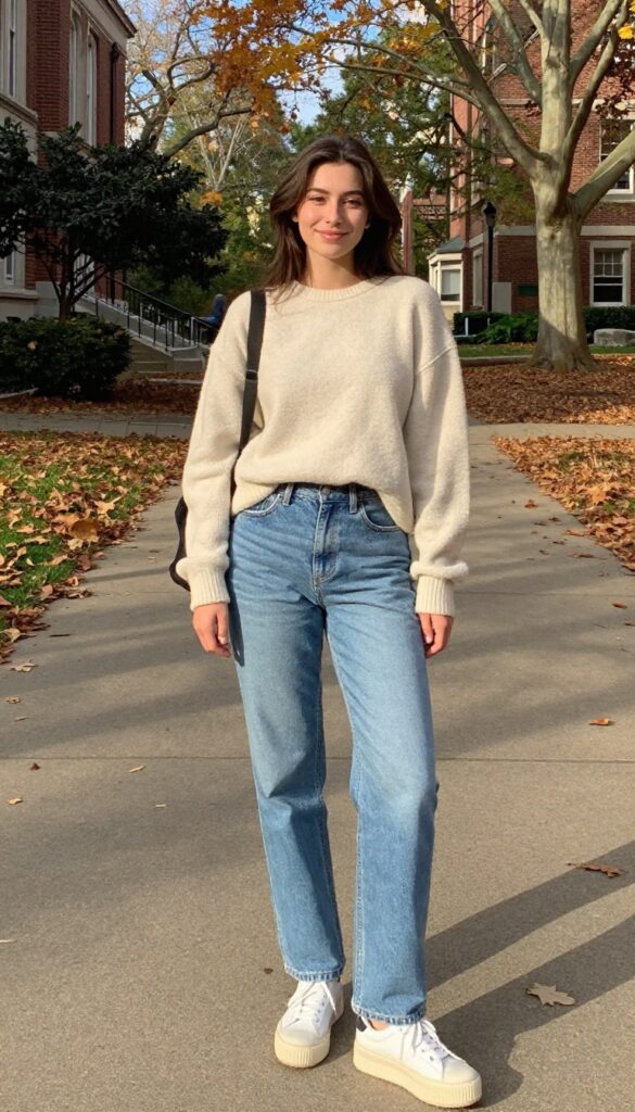 13. Cozy Fleece Pullover with Mom Jeans and Platform Sneakers