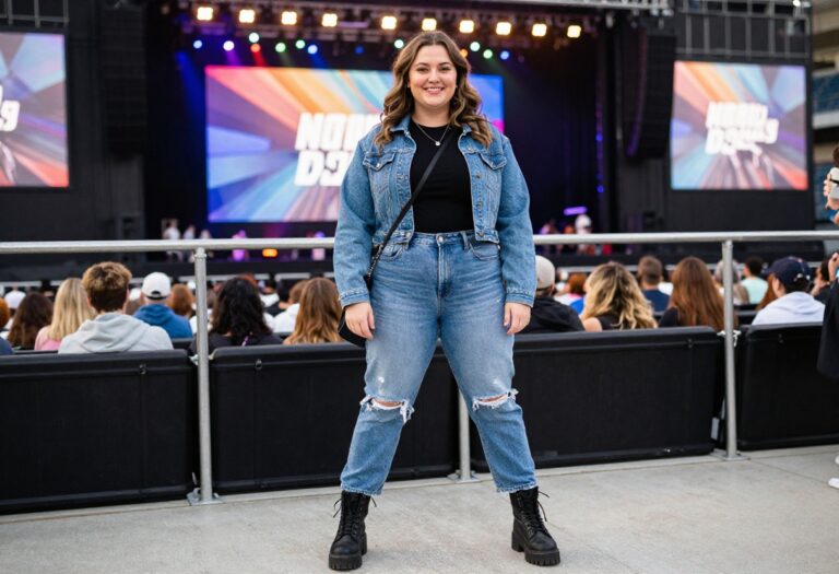Plus size woman in band tee, distressed jeans, and combat boots at a concert