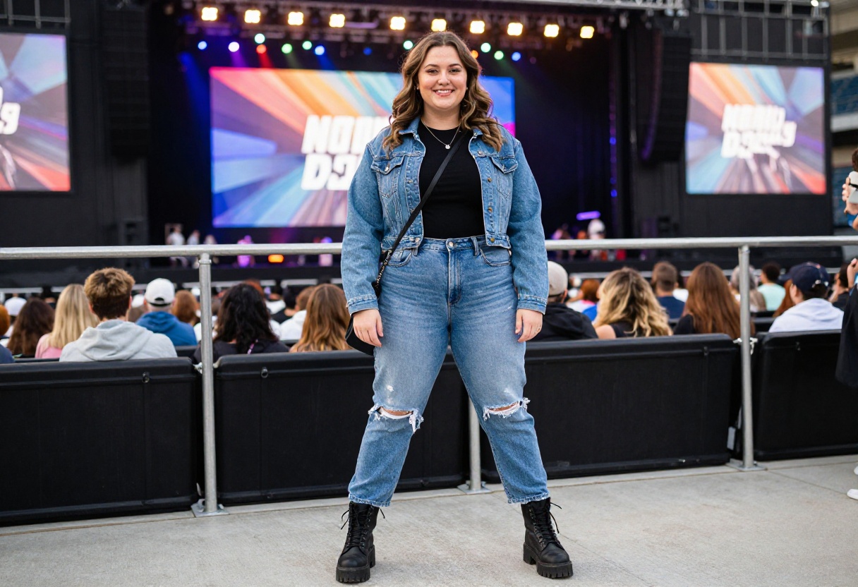 Plus size woman in band tee, distressed jeans, and combat boots at a concert