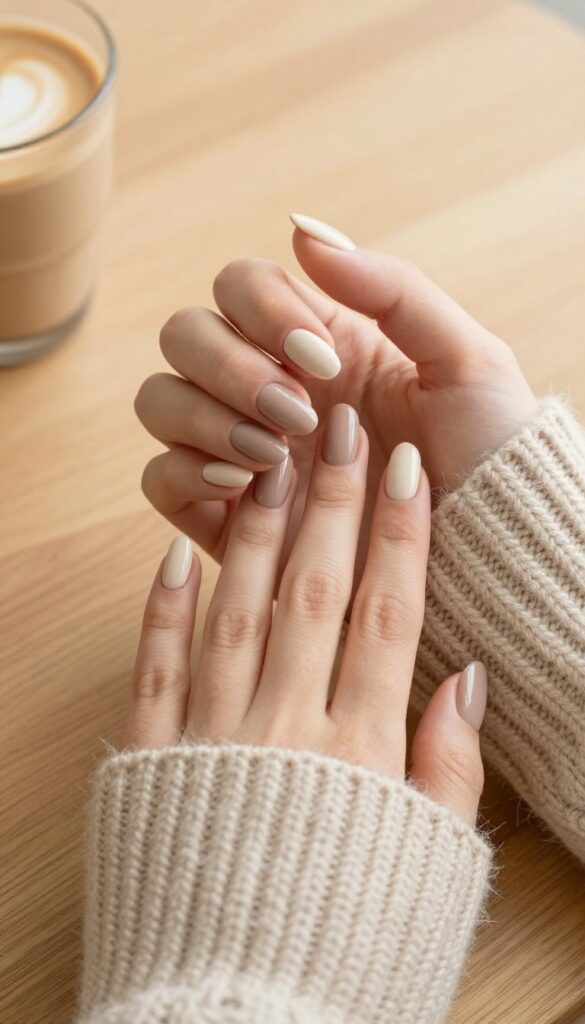 Sweater weather neutral nails with glossy finish