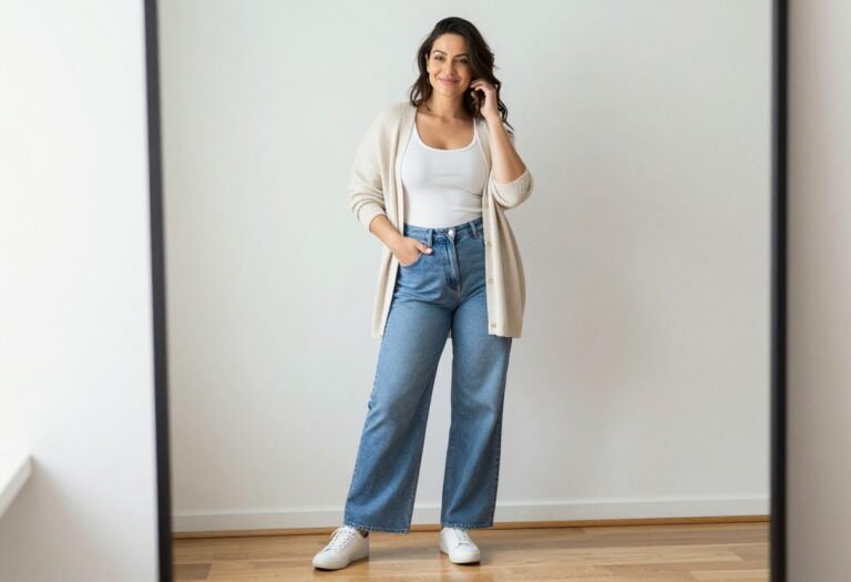 Woman in soft knit cardigan, tank, and wide-leg jeans smiling in living room