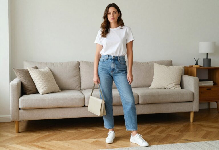 Woman in mom jeans with white tee and sneakers