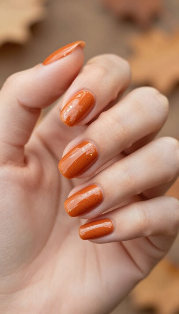 Burnt orange chrome nails with gold speckles, almond shape, glossy finish