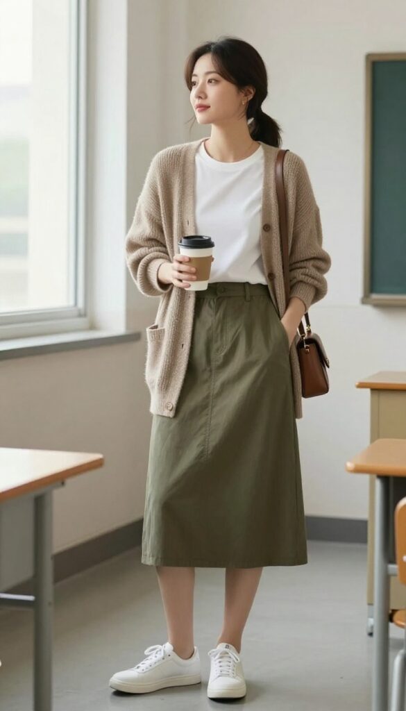 1. The Cozy Cardigan + Midi Skirt Combo