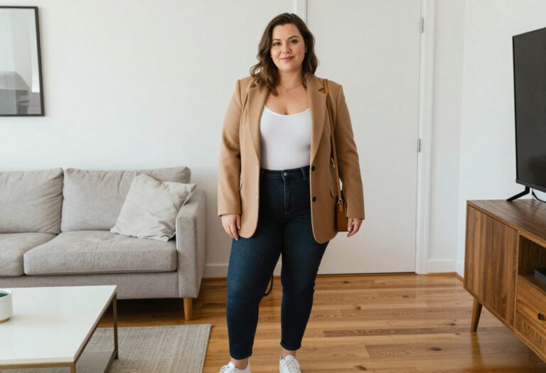 Plus size woman in high-waisted jeans, white bodysuit, and camel blazer, standing in a bright living room
