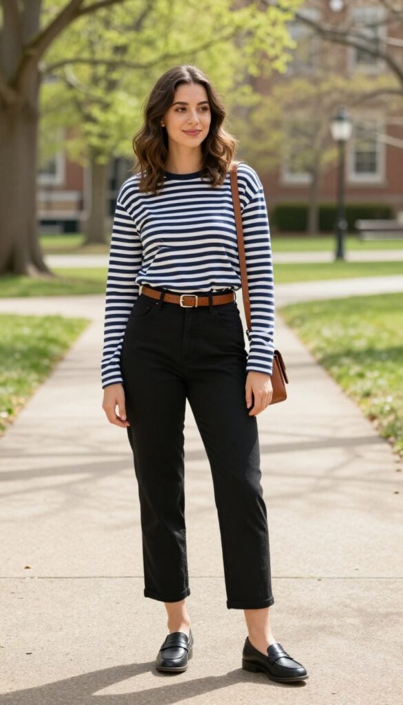 2. Striped Long-Sleeve Tee with Black Trousers and Loafers