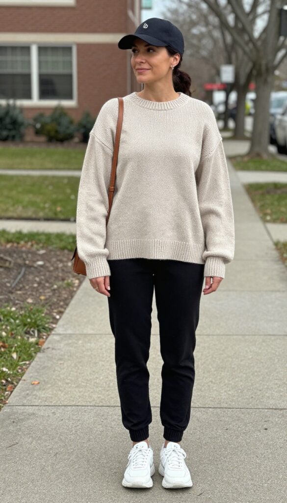 1. Elevated Athleisure: Joggers + Oversized Sweater + Chunky Sneakers