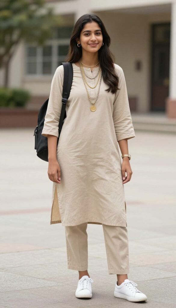 10. Layered Necklace with a Plain Kurti