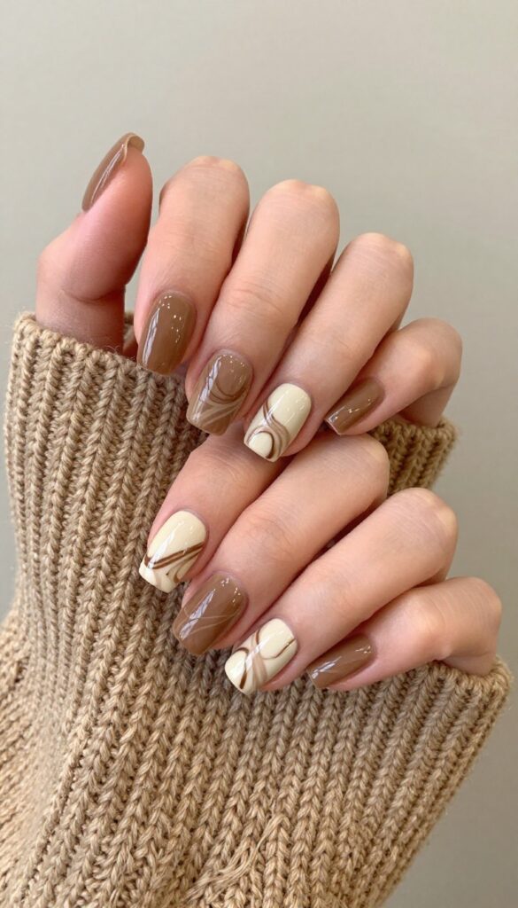 Mocha swirl nails on square medium length nails with creamy brown base and espresso swirls