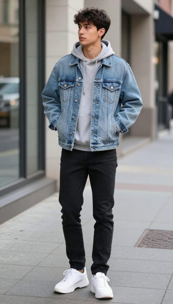 11. The Hoodie Under a Denim Jacket