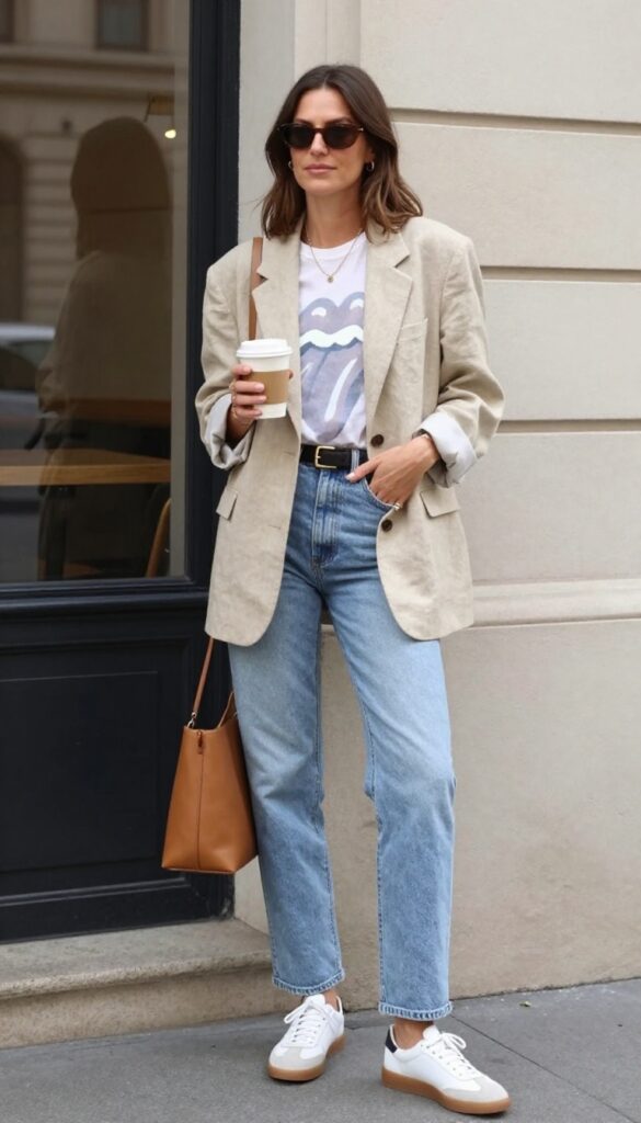 1. Relaxed Blazer + Vintage Tee + Straight-Leg Jeans