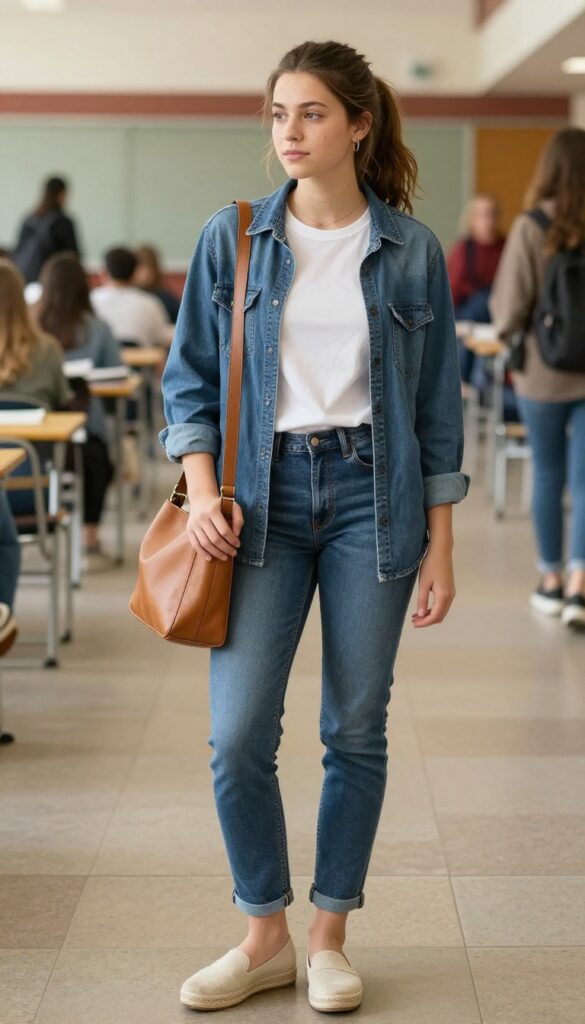 15. Denim Shirt + White Jeans + Espadrilles