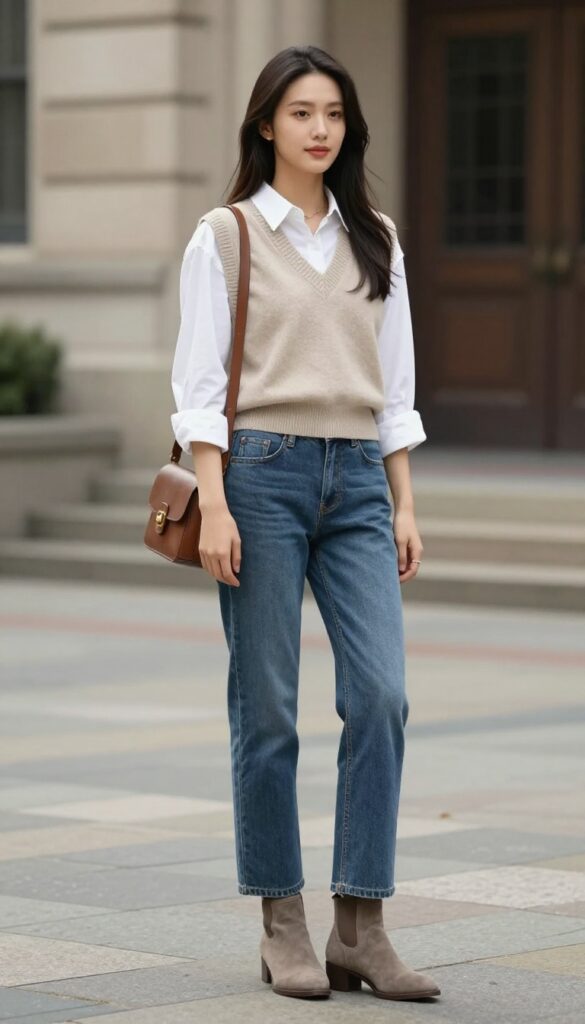 7. Button-Down Shirt + Knit Vest + Straight-Leg Jeans + Ankle Boots
