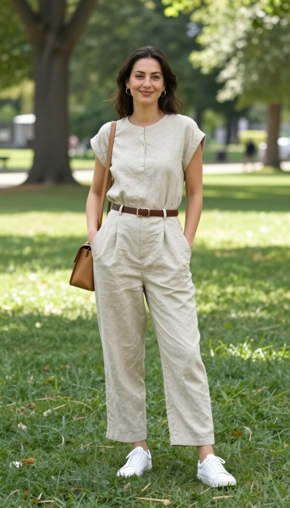 10. Casual Jumpsuit with a Belt and Sneakers