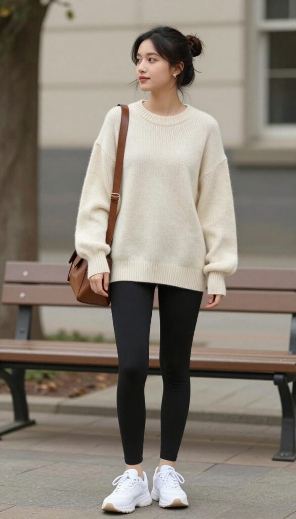 2. Black Leggings + Oversized Sweater + Chunky Sneakers